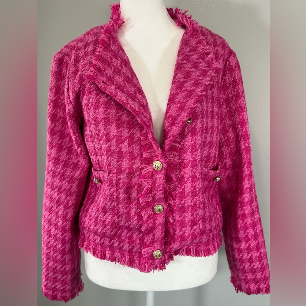 Pink Martini Hot Pink Houndstooth Fringe Blazer Clueless Barbiecore Preppy